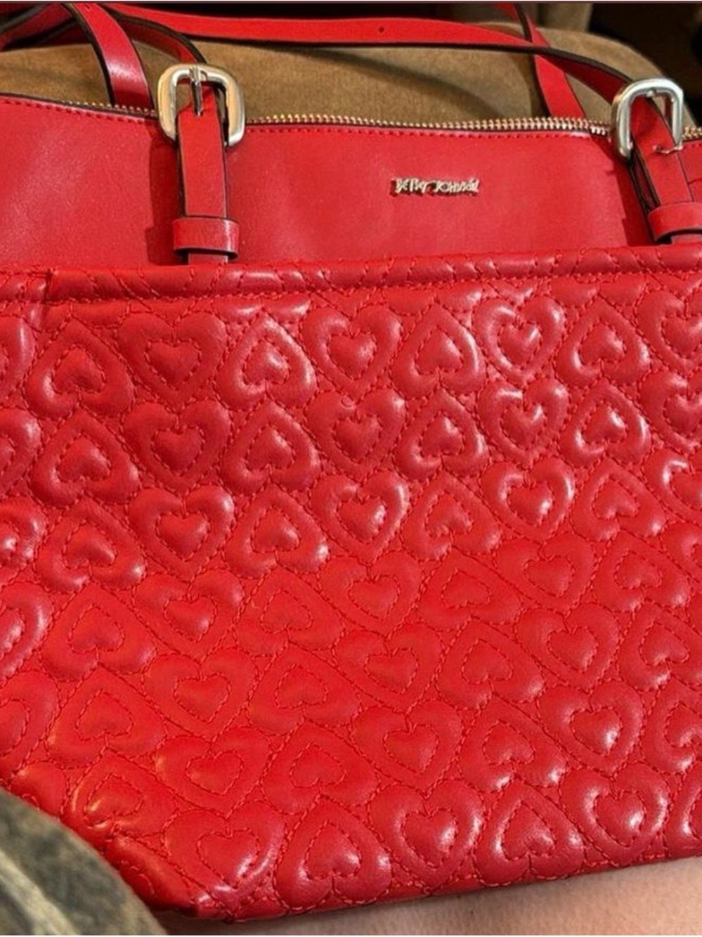 Betsey Johnson Red Quilted Heart Tote with Top Handles and Logo Accent